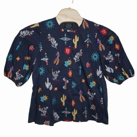 Johnny Was Women’s Louanne Sz Small Embroidered Graphite Silk Short Sleeve Top - Picture 2 of 6